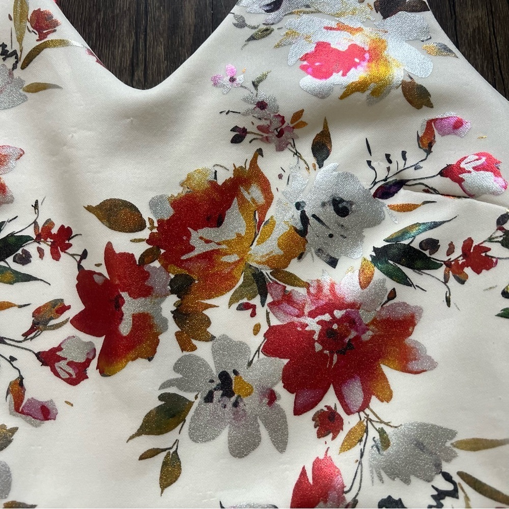 Aqua Floral White Red V Neck Fit and Flare Sleeveless Short Dress Open V Back L - Picture 7 of 10